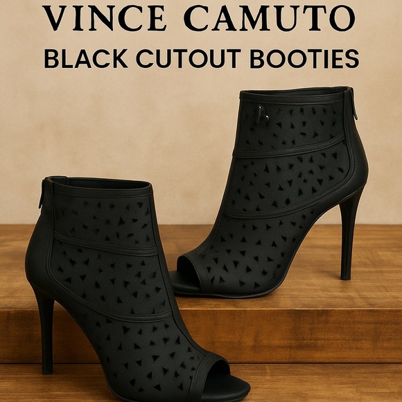 Vince Camuto Black Leather Cutout Peep Toe Booties Size 8.5M - Picture 1 of 9